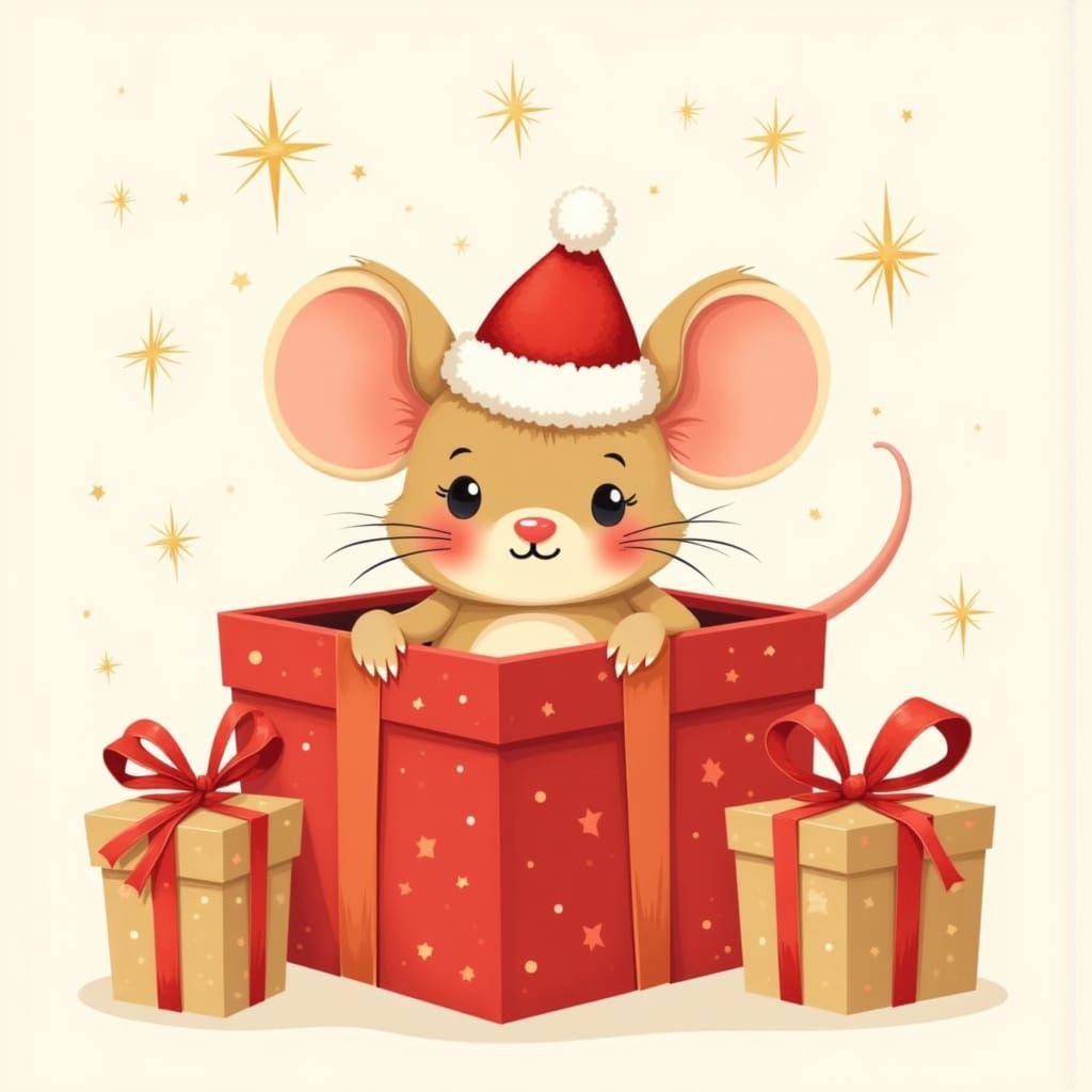<lora:Christmas Cheer:1.0>an adorable little mouse sitting inside a large red gift box. The mouse has big round ears, rosy cheeks, and a cut...