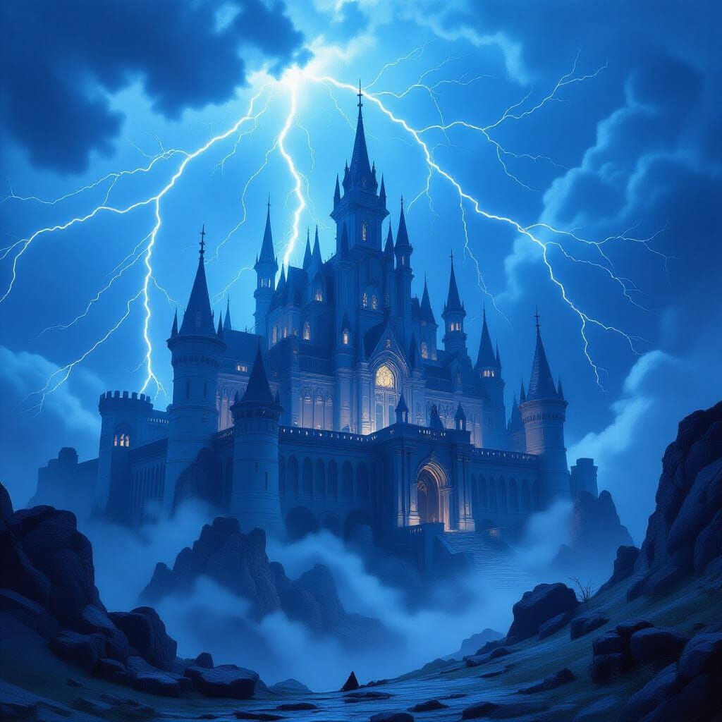 Majestic Palace in Lightning Storm Fantasy Art