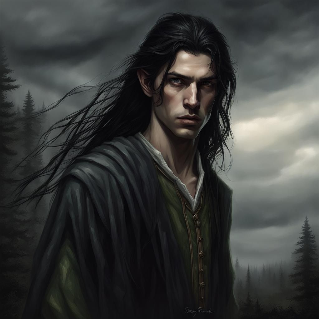 Dark-haired young elf, male, thin, skinny, long straight hair. Woods ...