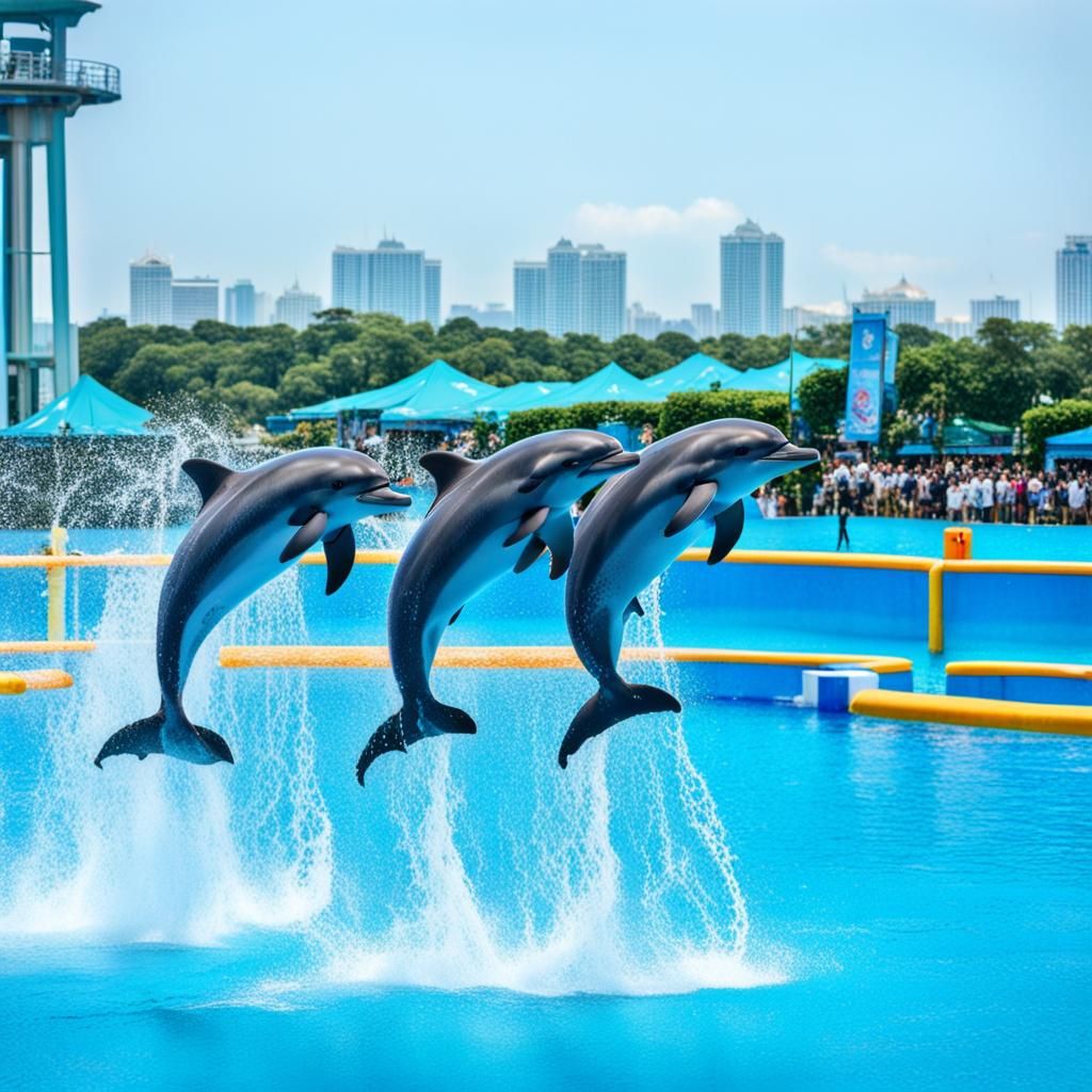 Dolphins Leaping in a Water Amusement Park