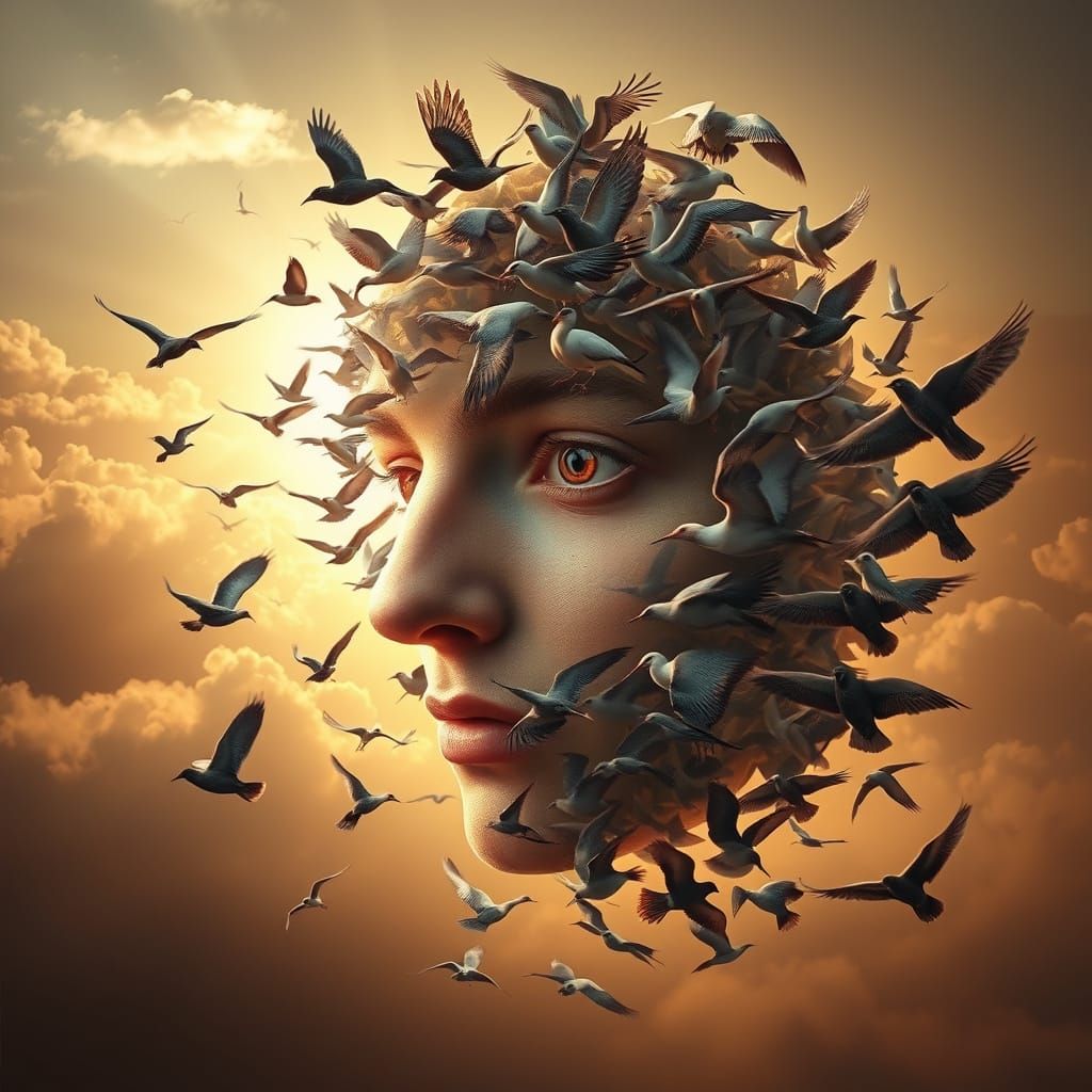 A surreal portrait where a human face is entirely composed of thousands of migratory birds of different ...  by @Marina