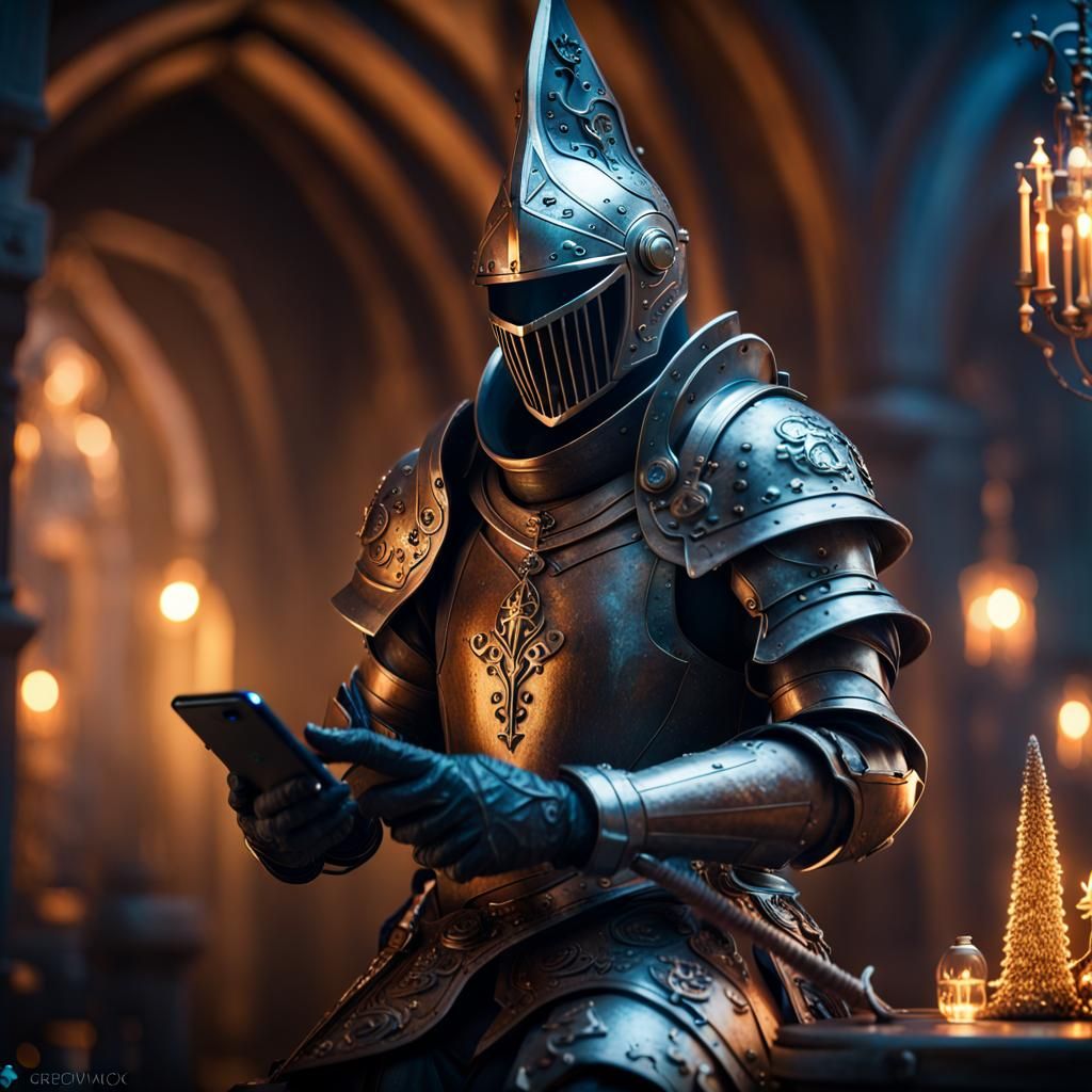 "Medieval Sci-fi Fusion, knight on cell phone ,detailed photography , 55mm lens ,fantasy , in focus Christmas ...  by @jimmyoutside