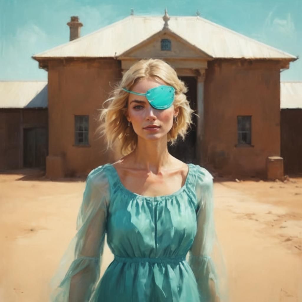 Portrait of young blonde woman wearing a turquoise eyepatch and dress in front of correction facility 