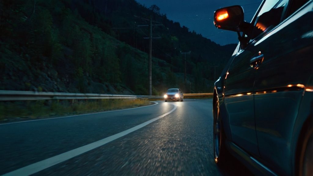 Motion generation at present, cars driving fast on a mountain road at night, wheels spinning, cars driving fast on the r...