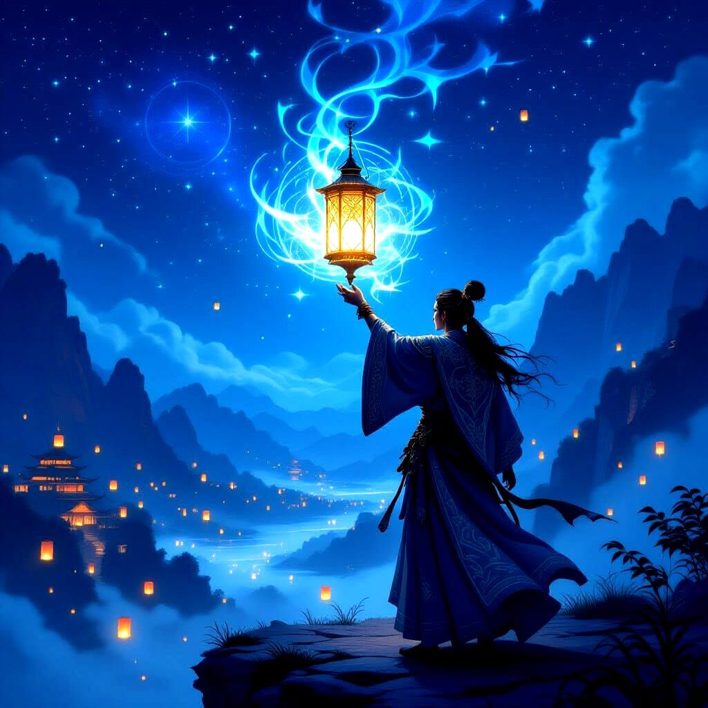 A mystical warrior, clad in robes adorned with celestial patterns, holds aloft a radiant, magical lantern that casts intricate, shifting sha...