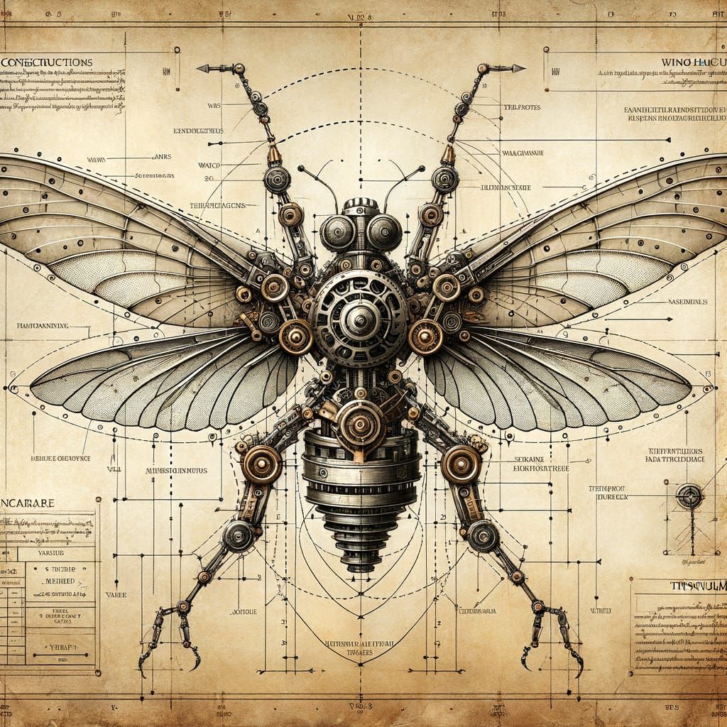 A mechanical bird designed as a detailed technical blueprint  by @Arzathena