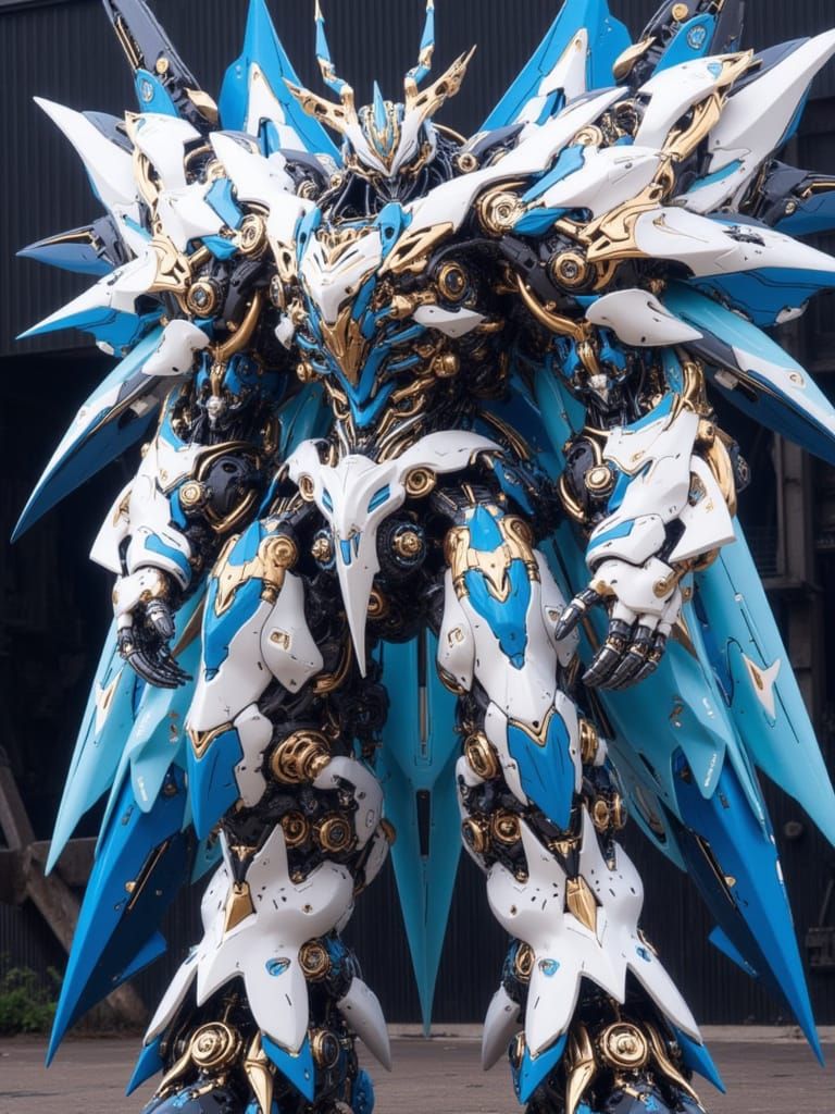 <lora:Mecha Ominous:1.0> A white a blue seraphim massive mecha with armillary enclosures