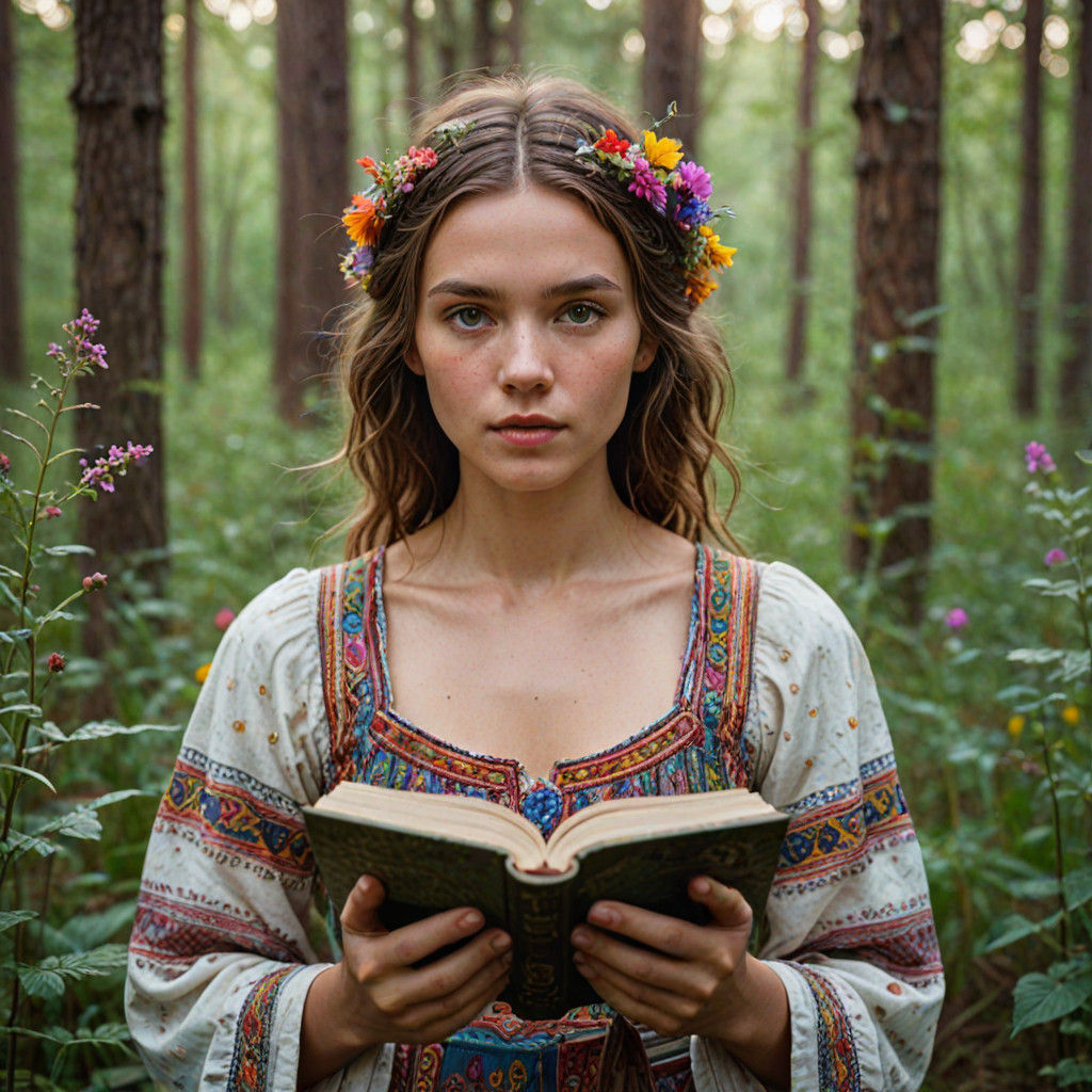 Dreamy Portrait of a Young Woman in a Vibrant Forest