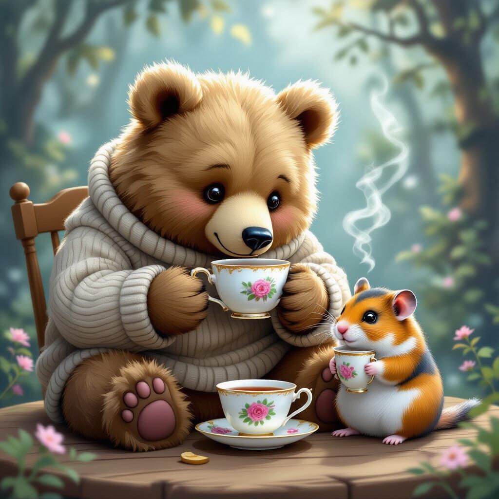 A huge fluffy bear trying to sip tea from a tiny porcelain cup while a small hamster sits proudly with a giant mug, humorous, cartoonish but...