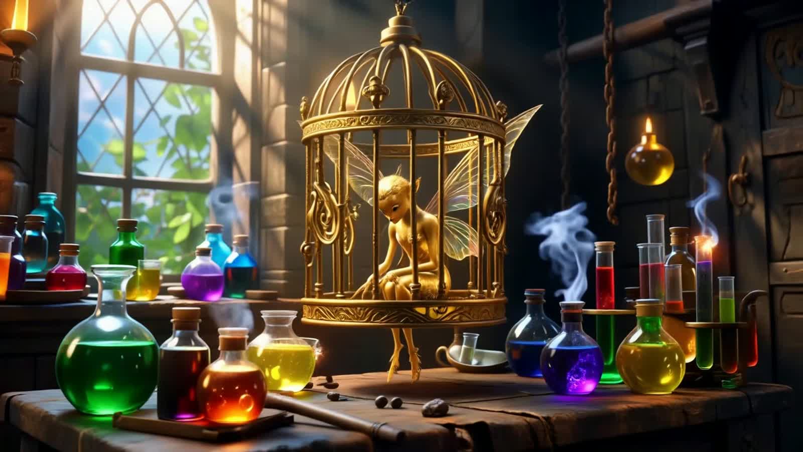 In a dark wizard's dungeon a beautiful, elaborate golden cage is hanging from the rafters in the middle of the room, the...