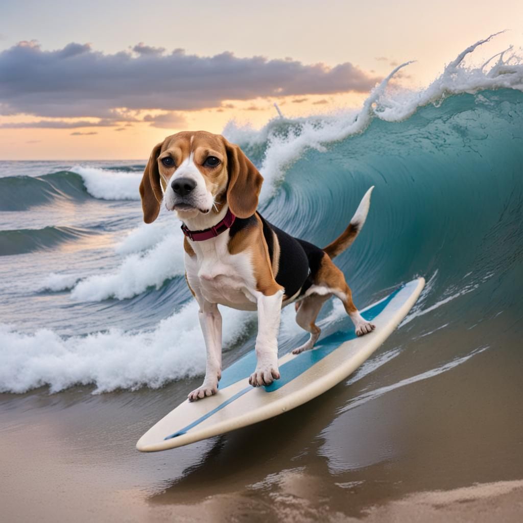 beagle surfing the perfect wave - AI Generated Artwork - NightCafe Creator