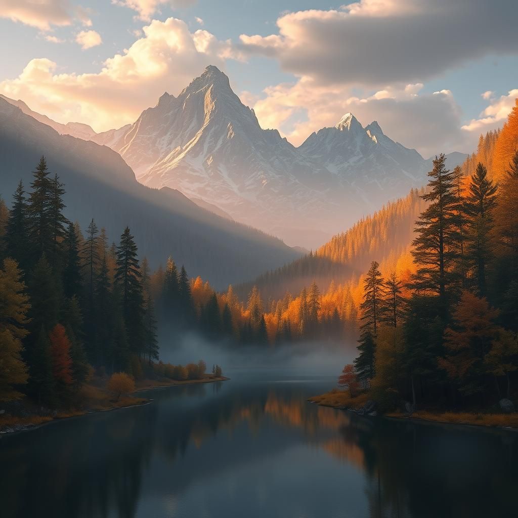 Fall forest with a lake and mountainds in background  by @KiwiBird