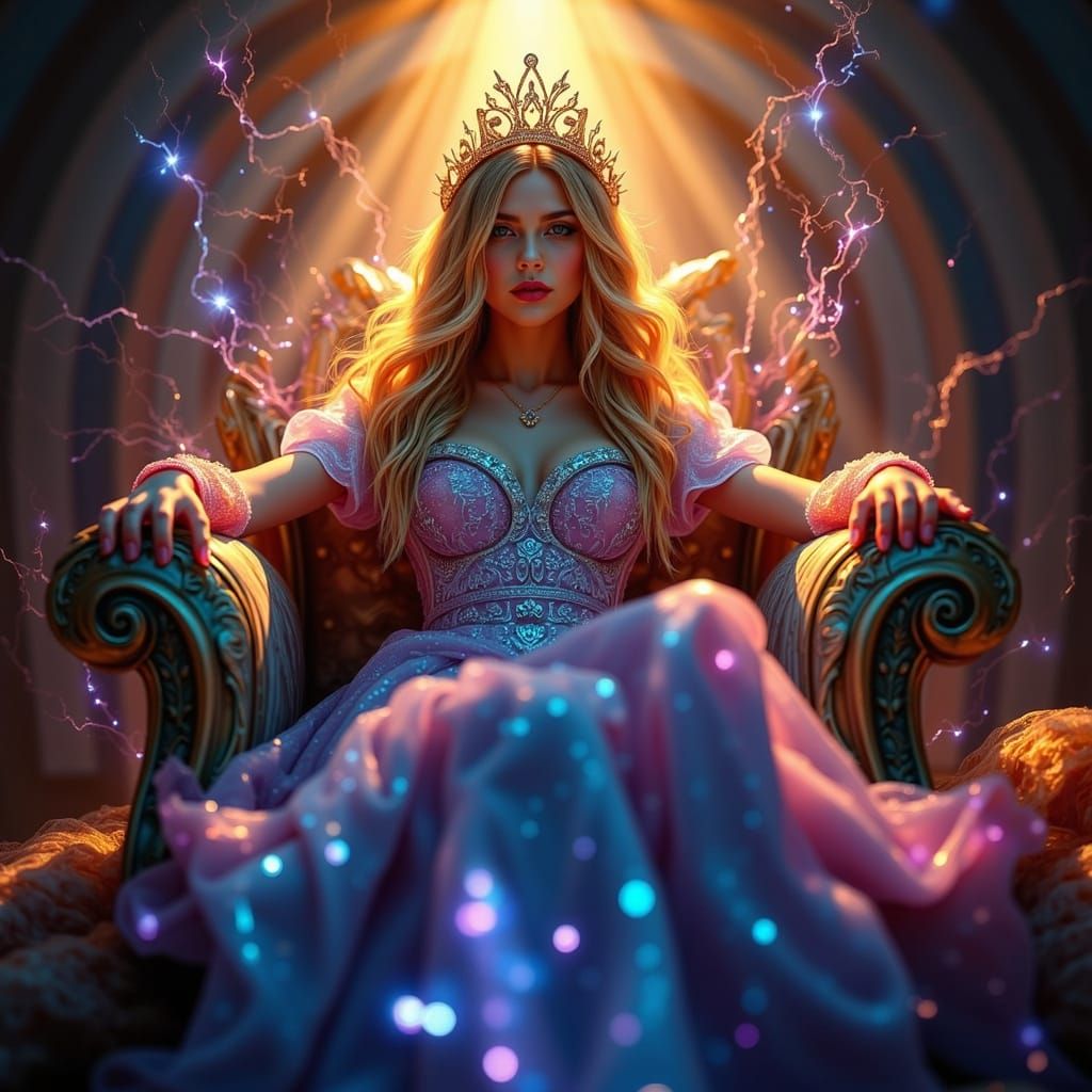 <lora:HyperPhotoRealism:1.0> A regal queen, adorned in an ethereal gown crafted from flowing, molten glass that shimmers with internal celes...