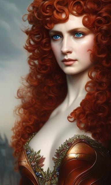 Britomart, Dame of Valor, fairy queen, brown curls, red dres...