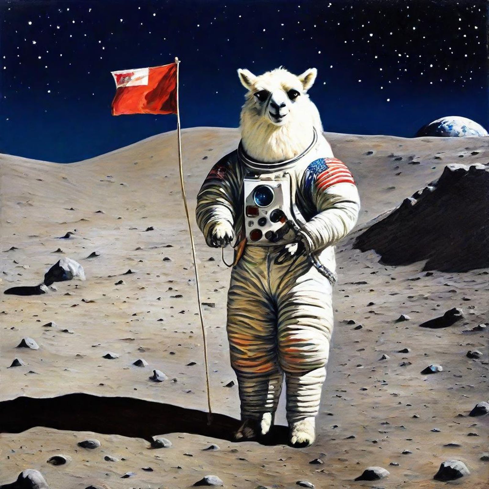 A Llama astronaut in a spacesuit on the moon, with a flag that says ...