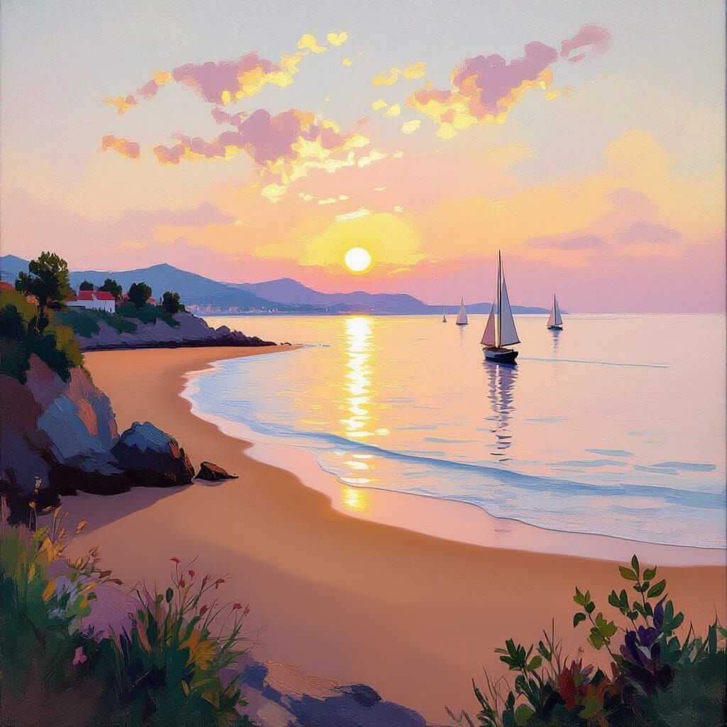 Seaside at dawn, view from a coastal cliff overlooking the bay,  gentle waves shimmering under soft golden-pink morning light, calm pastel s...