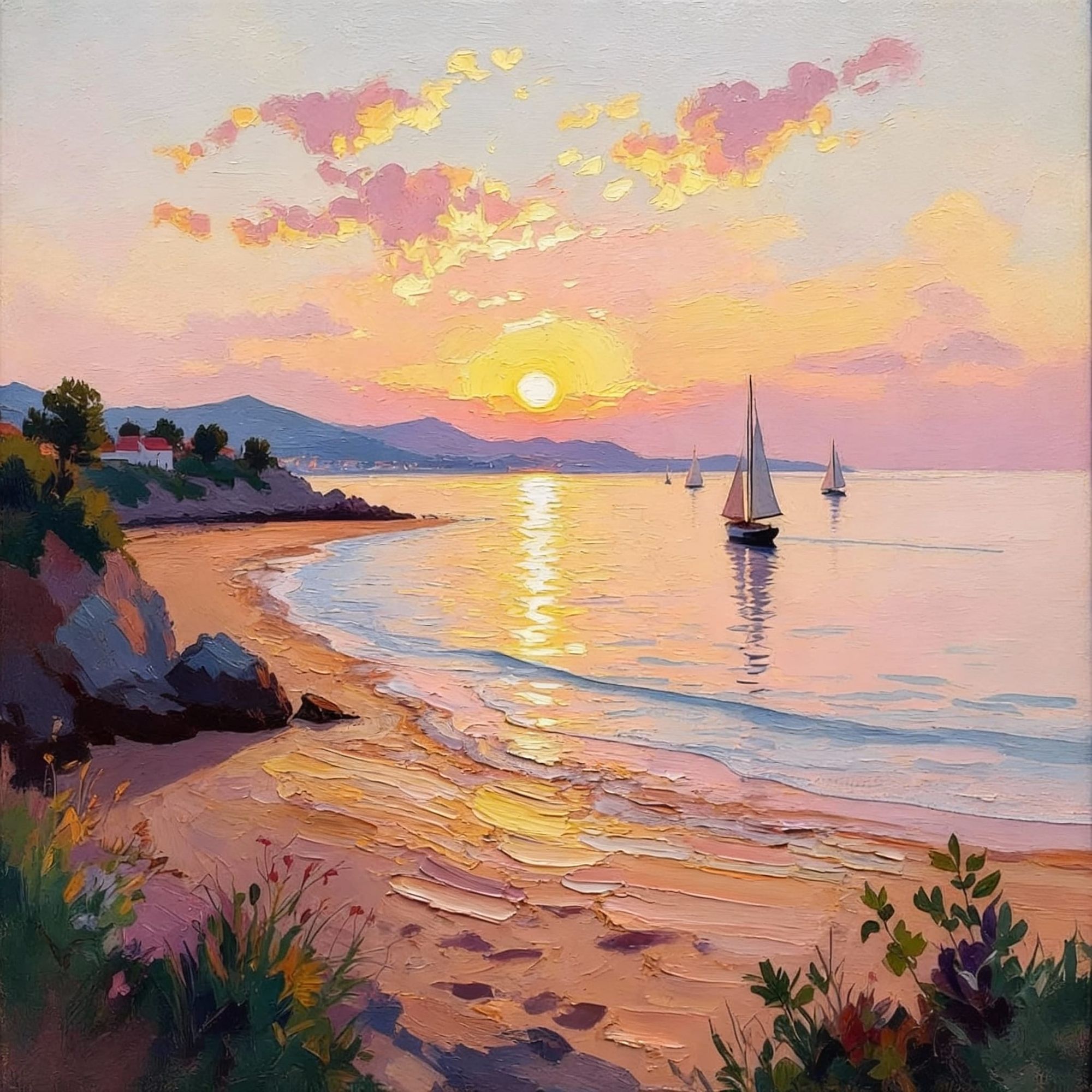 Seaside at dawn, view from a coastal cliff overlooking the bay,  gentle waves shimmering under soft golden-pink morning light, calm pastel s...