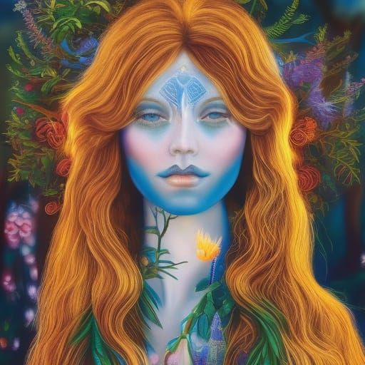 Mystical Digital Painting of a Ginger Elf Maiden in a Magica...