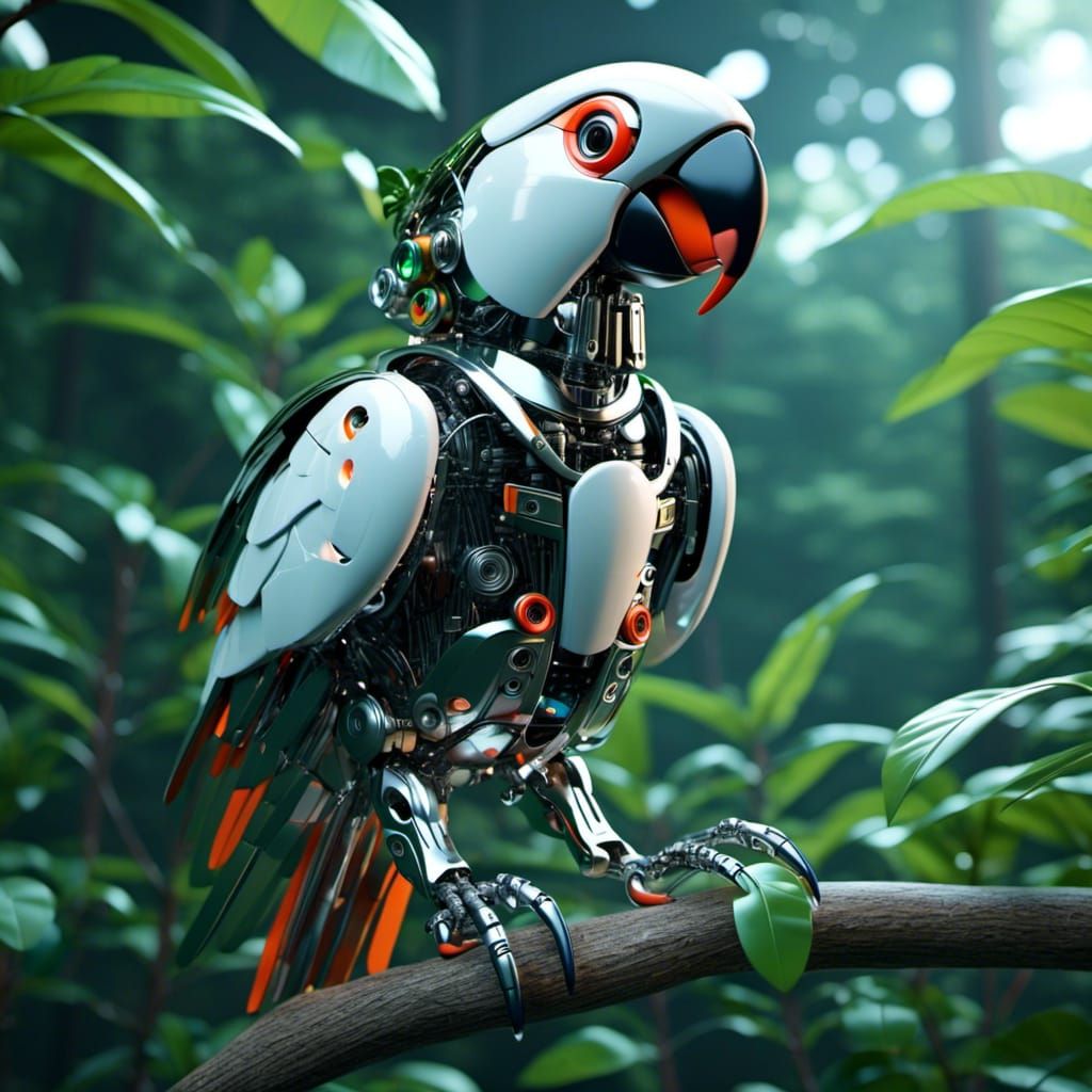 Robotic Parrot perches on Branch in Cyberpunk Style