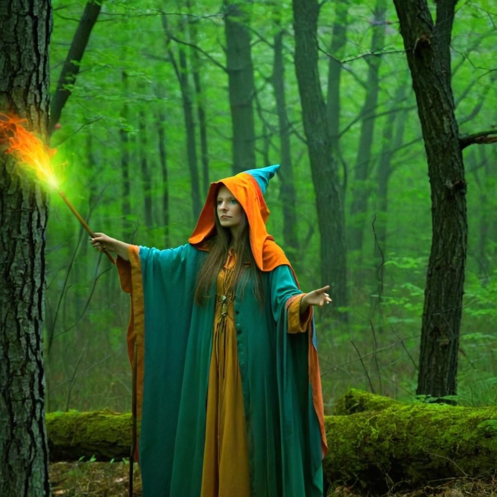 The female wizard shines colors protecting the forest from e...