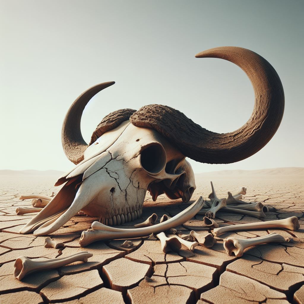 A buffalo skull lies on the dry cracked desert ground