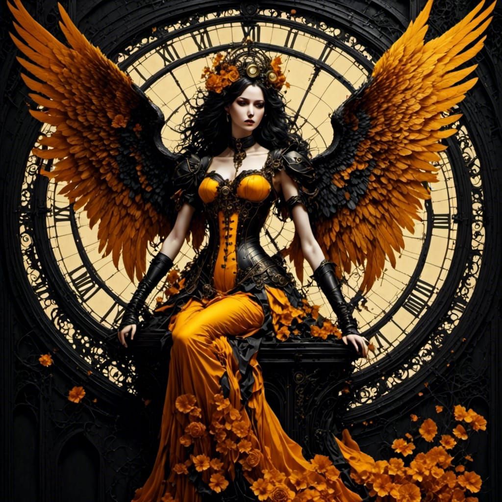 Beautiful dark steampunk angel.  Standing on a clocktower. <lora:SteampunkPOPz:1.0> <lora:Purgatory Portraits:1.0> yellow orange