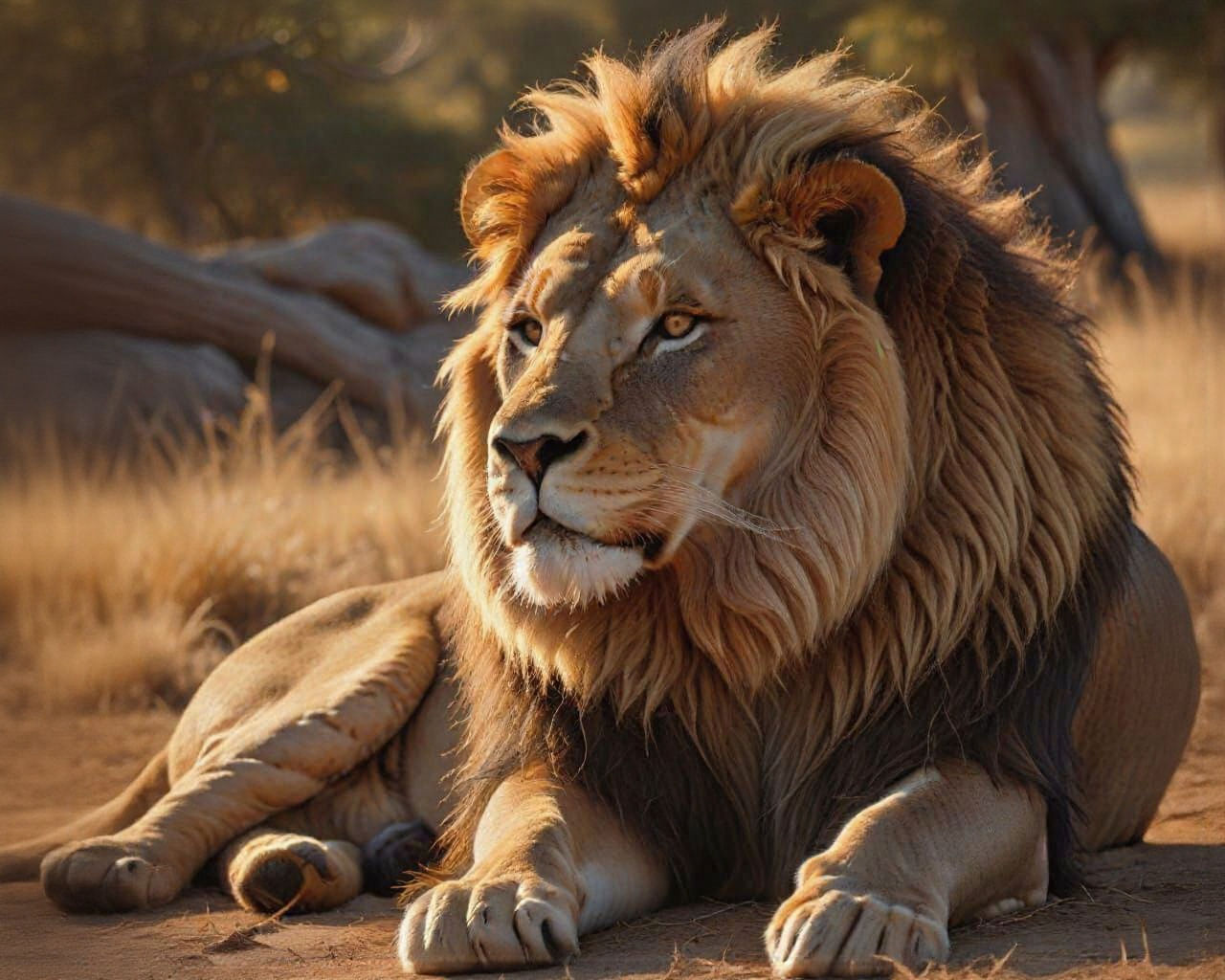 A majestic lion lying down in a regal reclining pose, full body visible, radiating power and courage. The lion has a magnificent golden mane...