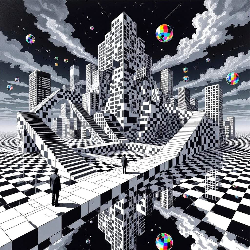 An impossible cityscape made of optical illusions  by @Starloom