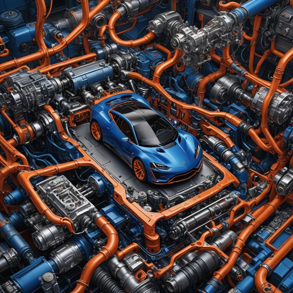 High-Performance Sports Car Engine Exposed in Fantastical De...