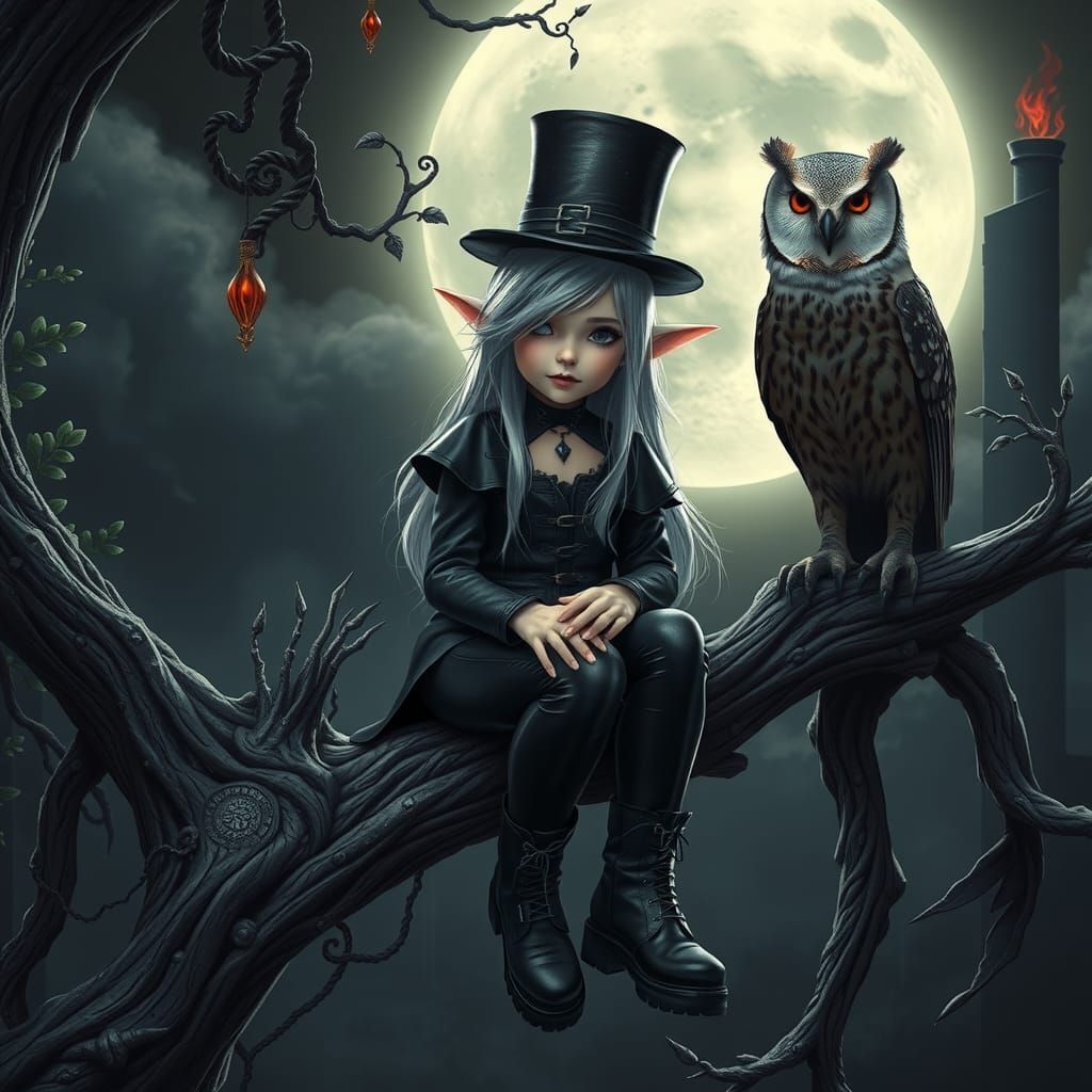 A captivating, whimsical gothic scene portraying a cute goth elf with tousled, long hair sitting on a ...  by @Lilyrose771 