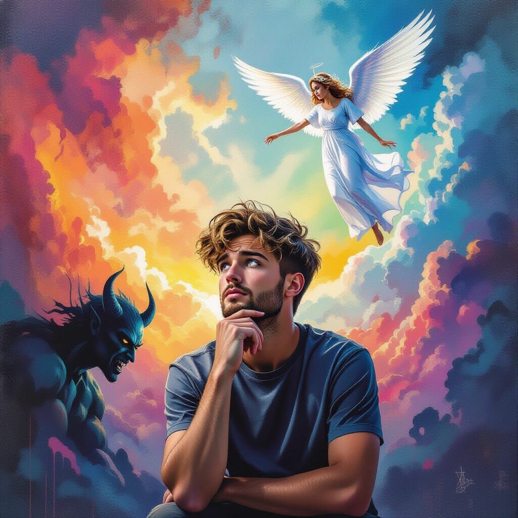 I envision a young man perplexed with his hands touching both side of his chin will thought provoking things go through his mind. An angel t...