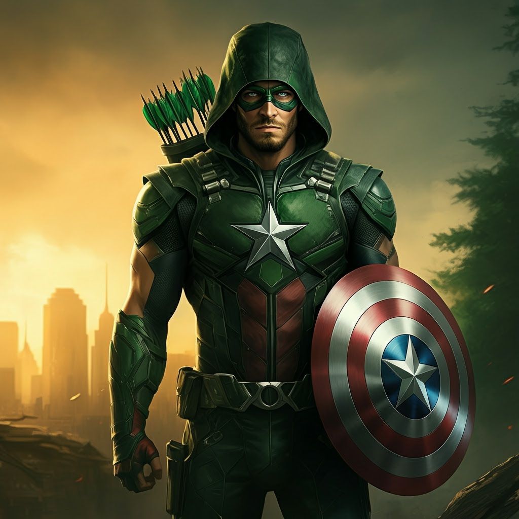 Striking Hero in Patriotic Colors with Shield and Bow