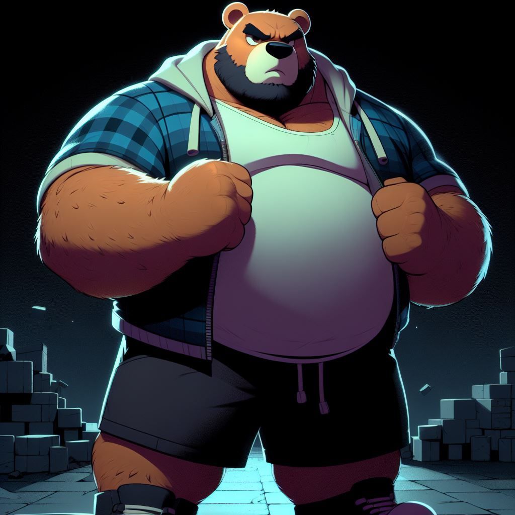 animation style full-body portrait: obese Bear badass;