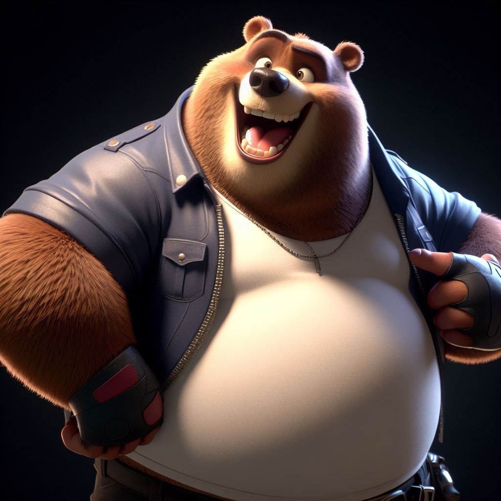 animation style full-body portrait: obese Bear badass;
