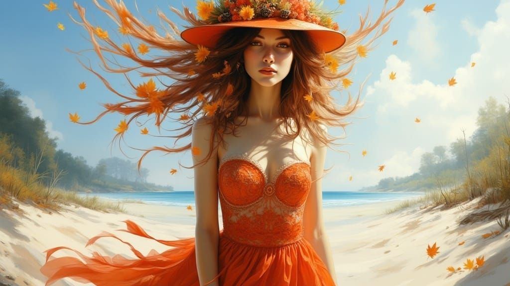<lora:Double Detailer v2:1.0> a gorgeous orange-red autumnal goddess, tattered orange-red lace dress, autumn leaves flying everywhere, top h...