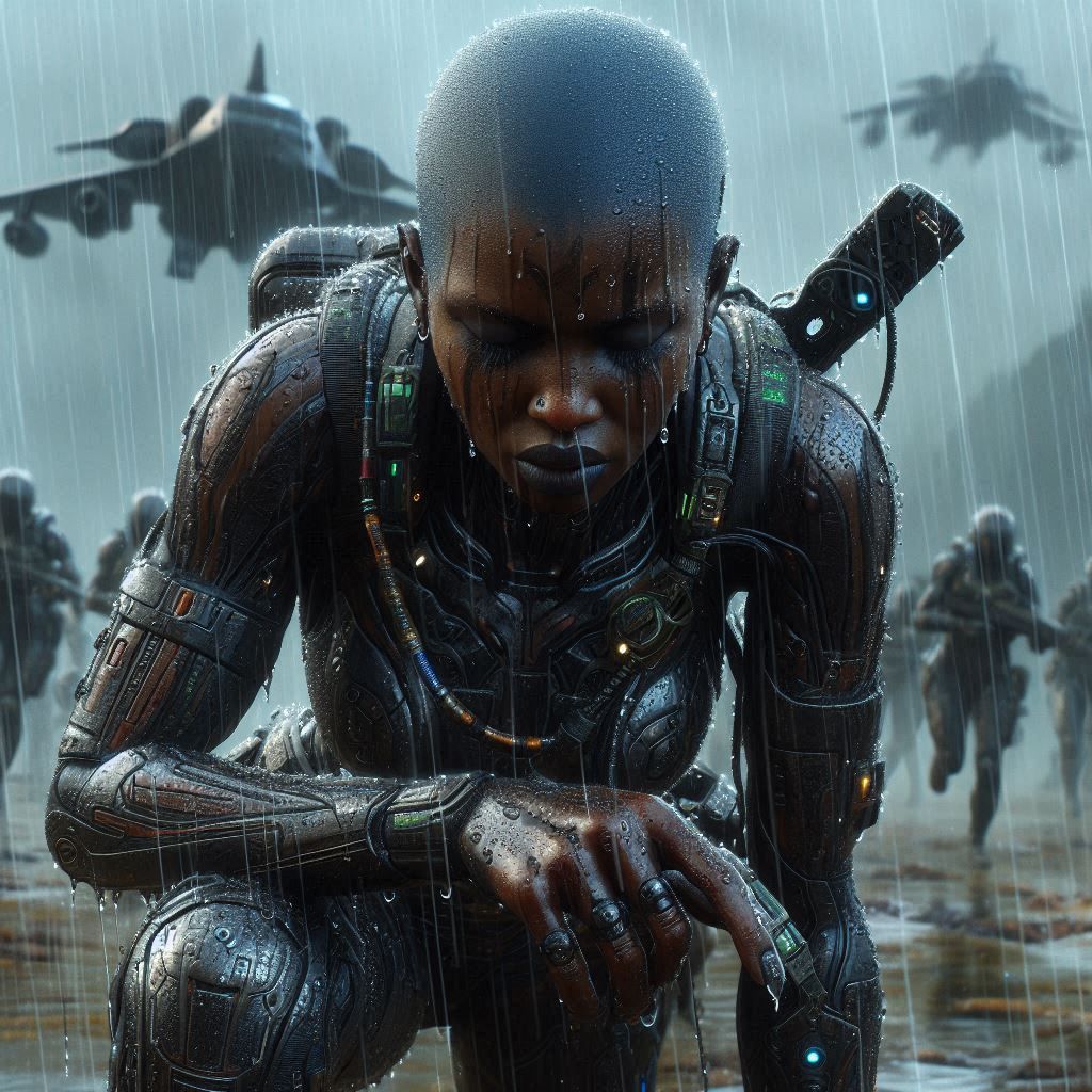 A female Space Marine of Massai origin on an endurance march...