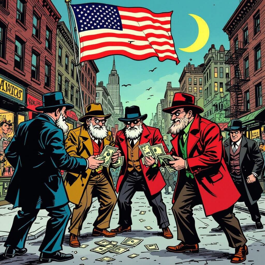 Merchants Pay Criminals Under NYC Flag In Comic Style