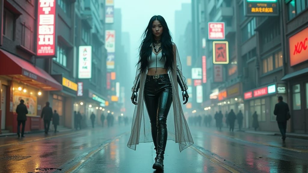 Picture of a tall cyber Asian woman with metal robot arms walking toward the camera in a futuristic city.  She is wearing a long transparent...