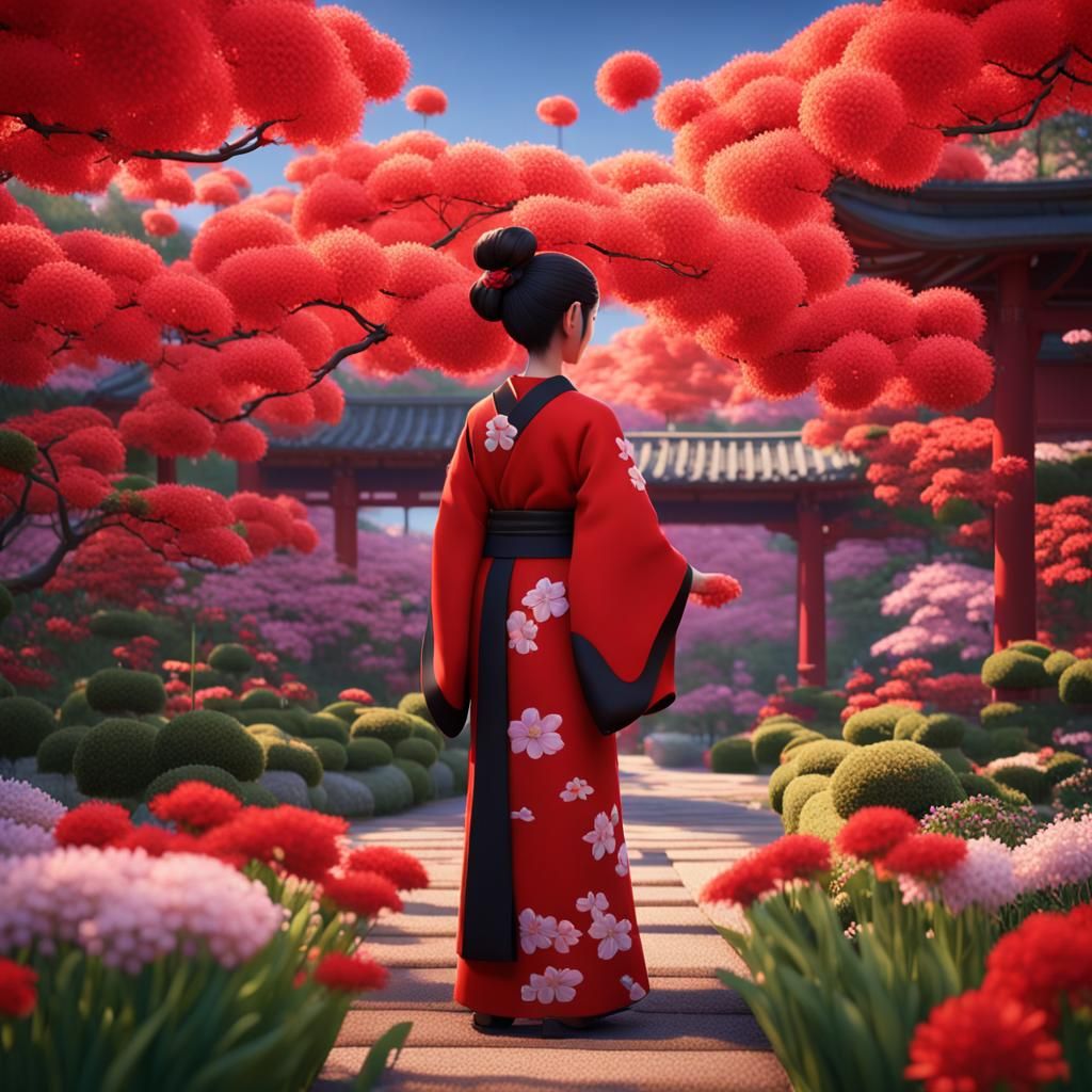 Una mujer japonesa con pelo negro recogido en un moño ,un kimono rojo  sirviendo el te en un jardín en flor - AI Generated Artwork - NightCafe  Creator