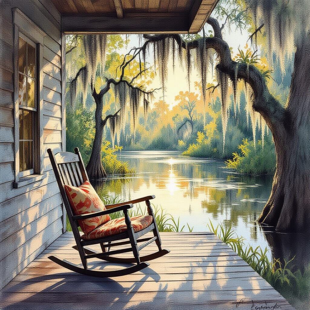 Swamp Cabin: Rocking Chair in Watercolor Style - AI Art