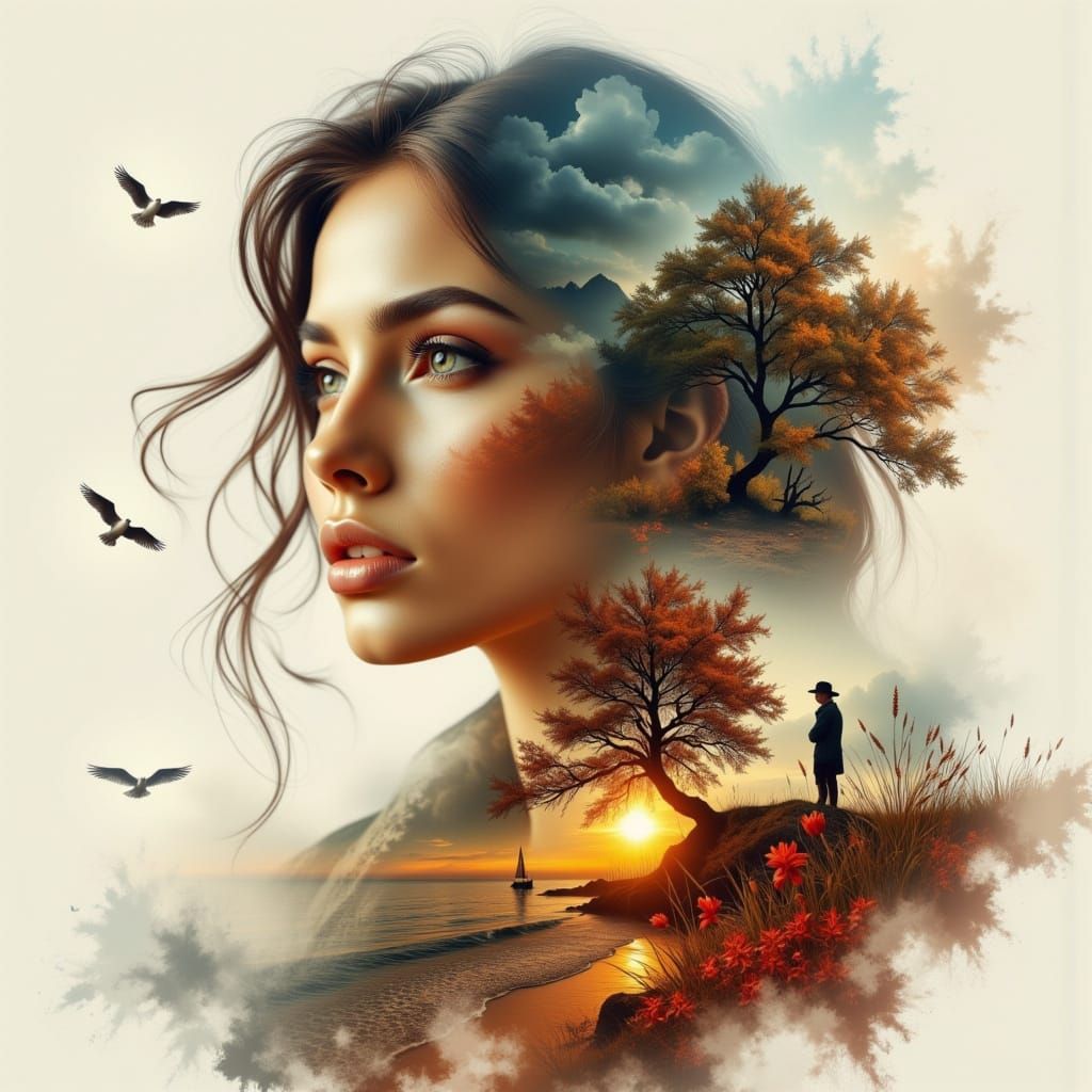 Autumn Double Exposure Portrait of Woman on Deserted Beach