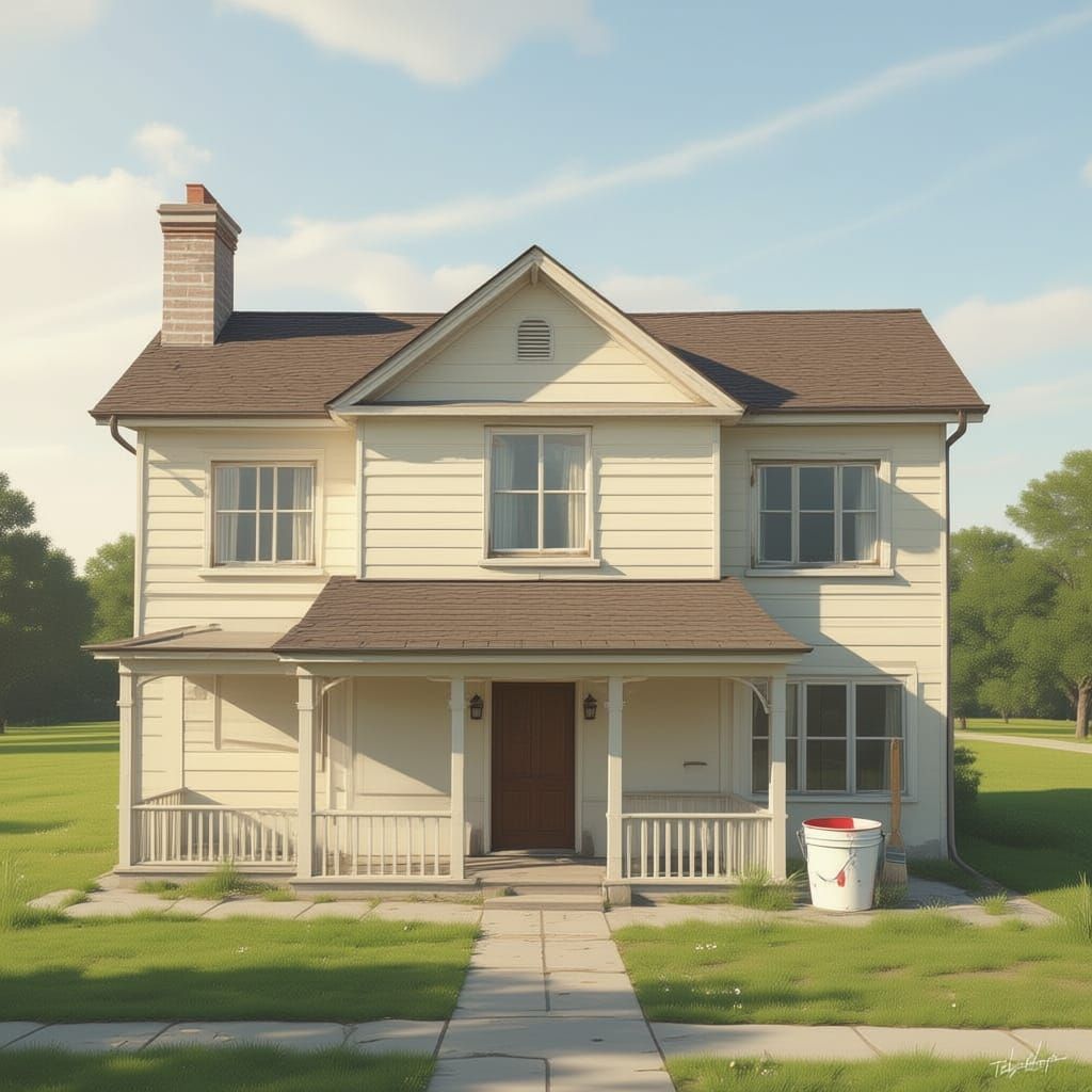 A background which contain a semi painted house walls  add some paint bucket around house and paint brush only 1 to two bucket include a win...