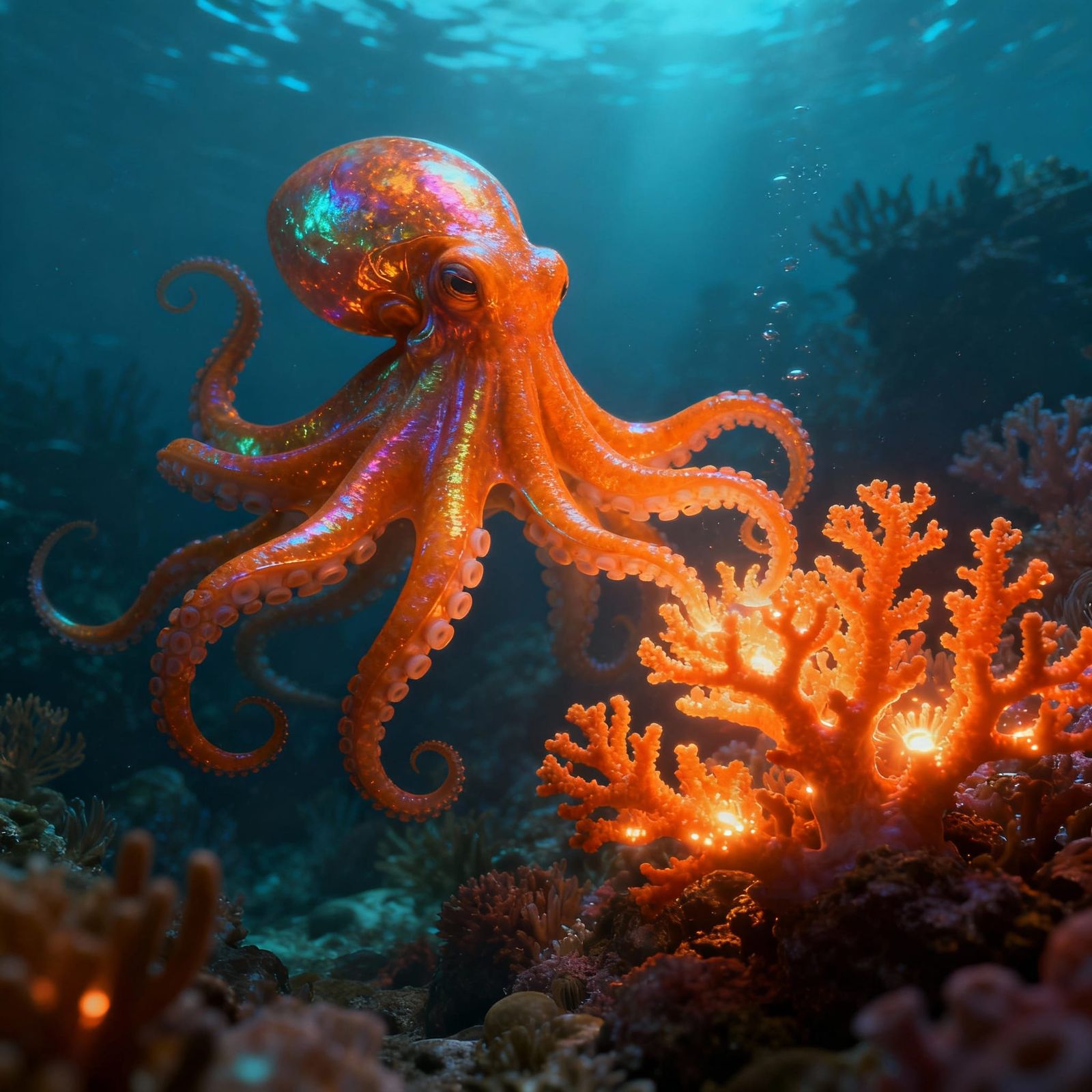A majestic, iridescent orange octopus tending a bioluminescent orange coral garden in the deep ocean. Retro futuristic. The scene is rendere...