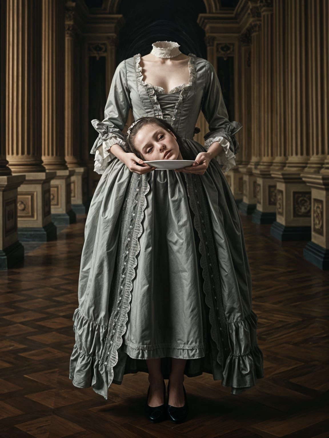 Creepy beheaded young woman in 18th century clothes with her head on a plate  by @Fokje
