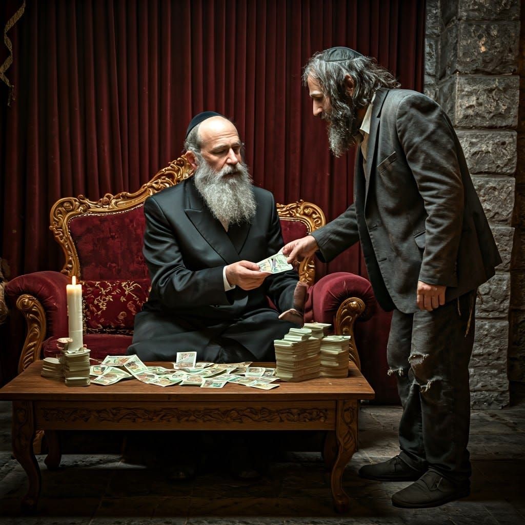 Ultra-Orthodox Rabbi Hands Out Charity in a Mystical Setting