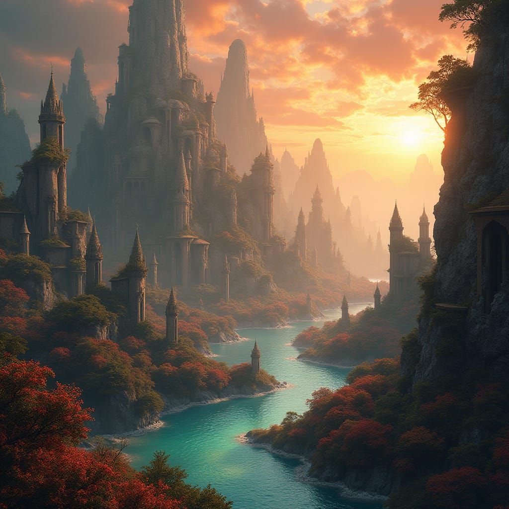 Ethereal City of Ancient Wonders in Cyberpunk Fantasy Style