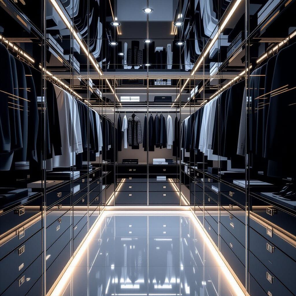 Luxurious Glass Walk-In Closet in Minimalist 3D Style