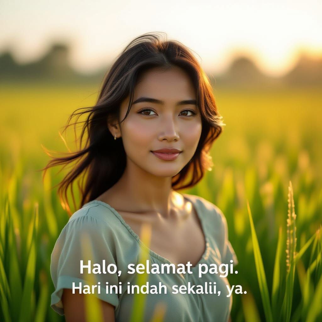 young woman stands in the middle of a green rice field under the soft morning sunlight. The camera slowly zooms in. Her hair moves gently in...