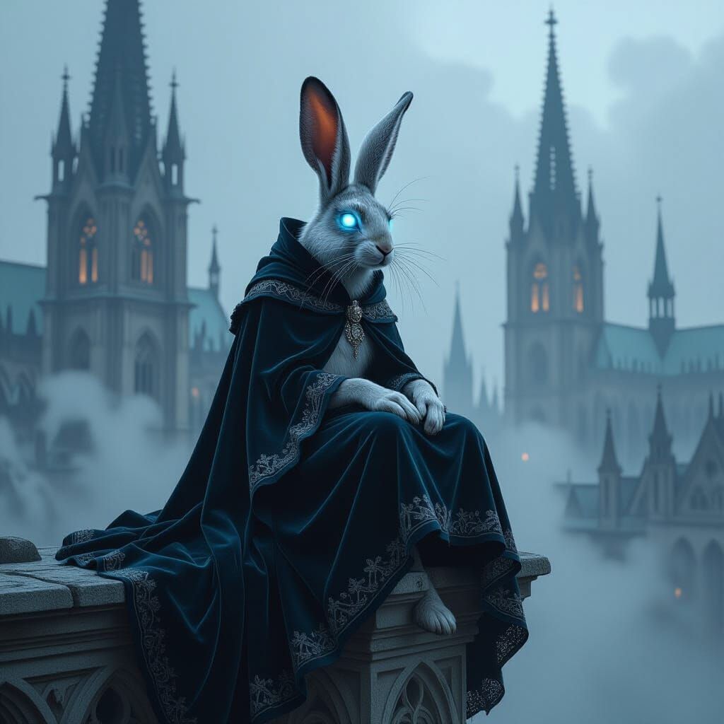 "A mysterious hare with luminous, icy eyes sits atop an ancient Gothic cathedral's crumbling stone gargoyle, ...  by @Eug Belchevsky
