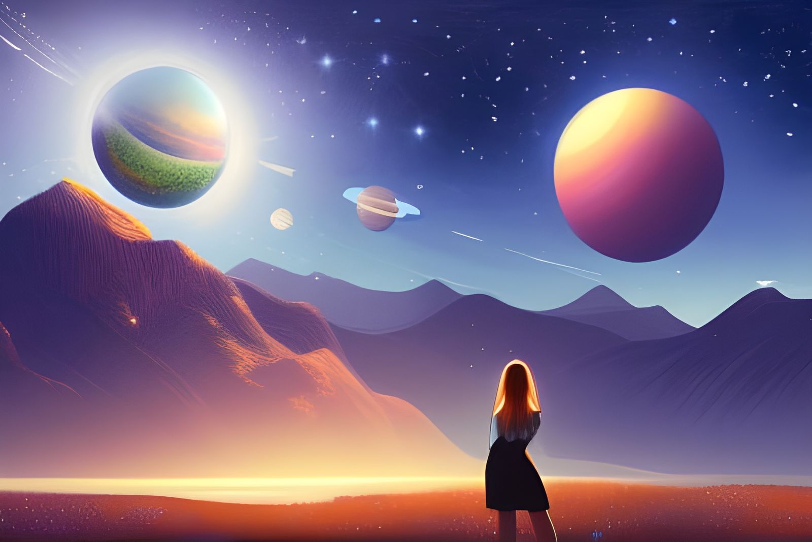 Girl Among Glowing Planets in Night Sky Digital Art